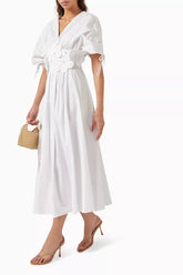 v-neck cotton midi dress with 3D floral waist – BLIOM